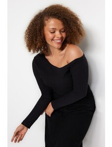 Trendyol Curve Black Boat Neck Ribbed Knitted Blouse