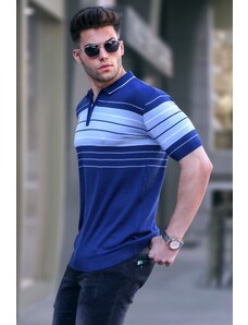 Madmext Men's Navy Blue Polo Collar Zippered T-Shirt 5733
