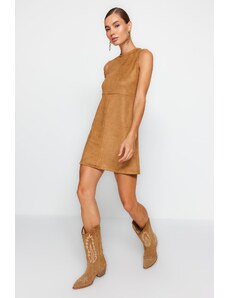 Trendyol Camel Crew Neck Shift / Plain Mini semiš pletené šaty s prošíváním detail
