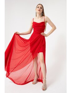 Lafaba Dámské večerní šaty s červeným hrudníkem přehozené volánky třpytky