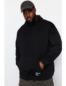 Trendyol Black Plus Size Basic Comfortable Hooded Labeled Fleece Cotton Sweatshirt