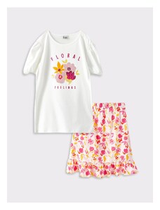 LC Waikiki Girls' Crew Neck Printed Short Sleeve T-Shirt And Skirt