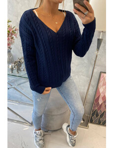 K-Fashion Pletený svetr s výstřihem do V tmavě modrý
