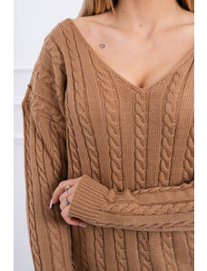 K-Fashion Pletený svetr s výstřihem do V velbloudí barvy