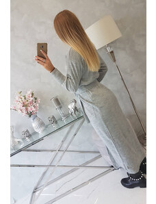 K-Fashion Svetr dlouhý svetr vázaný v pase šedý