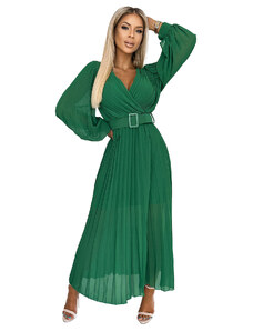 numoco basic KLARA - Světle zelené dámské plisované šaty s výstřihem a opaskem 414-3