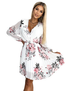 numoco basic YSABEL - Bílé dámské plisované šaty se vzorem růží, výstřihem, dlouhými rukávy a páskem 415-2