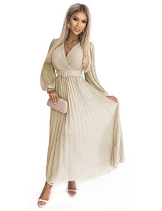 numoco basic KLARA - Béžové dámské plisované šaty s opaskem a výstřihem 414-8