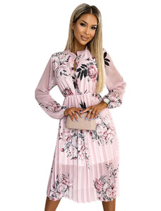 numoco basic CARLA - Dámské plisované midi šaty s knoflíčky, dlouhými rukávy a se vzorem růží na pastelově růžové růžové barvě 449-4