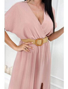 K-Fashion Dlouhé šaty s ozdobným páskem pudrově růžová