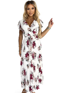 numoco basic LISA - Dámské plisované midi šaty s výstřihem, volánky a se vzorem vínových bordó růží 434-7