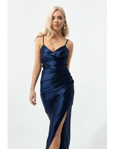 Lafaba Women's Navy Blue Decollete Long Slit Evening Dress