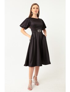 Lafaba Women's Black Mini Satin Evening Dress with Balloon Sleeves and Stones.