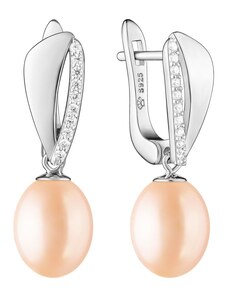 Gaura Pearls Stříbrné náušnice s růžovou perlou a zirkony, stříbro 925/1000