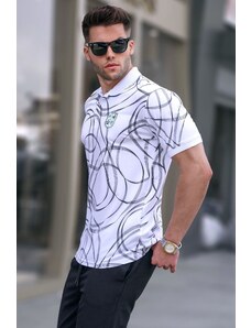 Madmext White Patterned Polo Neck T-Shirt 5873