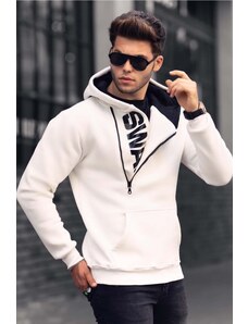 Madmext Men's White Zipper Detailed Hooded Sweatshirt 1767