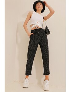 Trend Alaçatı Stili Women's Black High Waist Double Pocket Striped Casual Cut Trousers