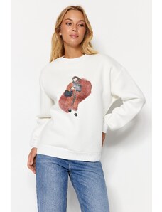Trendyol Ecru Regular/Regular fit Sweater Detailed Printed Fleece Fleece Knitted Sweatshirt