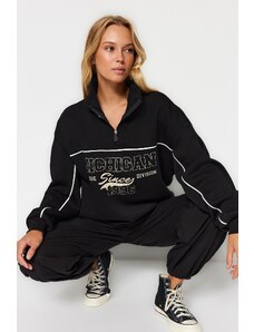 Trendyol Black with Zipper, Printed Oversize/Wide Fit, Fleece Inside, Knitted Sweatshirt