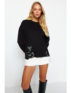 Trendyol Black Crew Neck Basic Thin Applique Detailed Knitted Sweatshirt