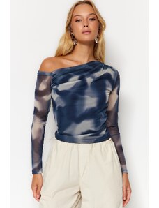 Trendyol Oil Tulle Lined Asymmetric Collar Knitted Blouse