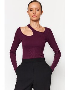 Trendyol Damson Ribbed Cut Out/Window Detail Fitted/Sticky Cotton Stretch Knit Blouse