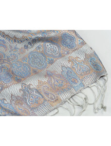 Hedvábná šála Jamawar velká - Šedá a modrá s ornamenty