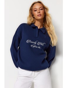Trendyol Navy Blue Shirt Collar with Embroidery Regular Fit Knitted Sweatshirt with Fleece Inside