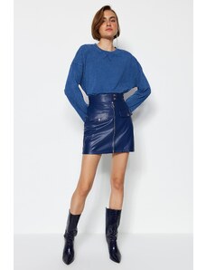 Trendyol Indigo Belt and Zipper Detailed Faux Leather Mini Woven Skirt