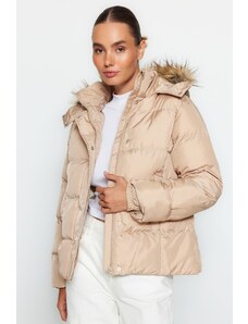 Nafukovací kabát Trendyol Beige Fur s kapucí