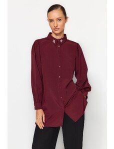 Trendyol Burgundy Collar Stone Embroidery Detailed Woven Shirt