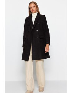 Trendyol hnědý oversize široký kostkovaný dlouhý stamped kabát