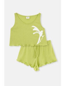 Dagi Green Bird Pattern Knitted Singlets Shorts Pajamas Set