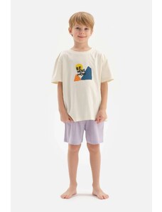 Dagi Ecru Boys' Motto Printed Short Sleeve Shorts Pajamas Set