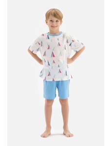 Dagi White Sailboat Printed Crew Neck T-Shirt Shorts Pajama Set