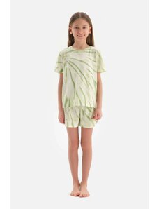 Dagi Light Green Meter Printed Short Sleeve T-Shirt Shorts Pajama Set