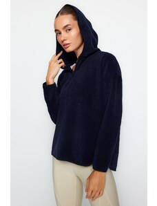 Trendyol Navy Blue Thick Fleece Hooded and Zippered Oversized/Wide Knitted Sweatshirt