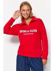 Trendyol Red Oversize/Wide Fit With Slogan, Zipper Stand-Up Collar Thick Fleece Inner Sweatshirt