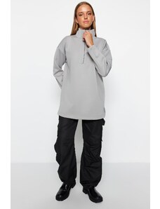 Trendyol Gray Zipper Detail Diver/Scuba Plain Knit Sweatshirt
