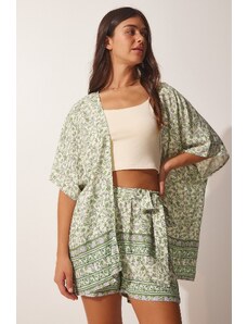 Happiness İstanbul Women's Light Green Patterned Viscose Kimono Shorts Set