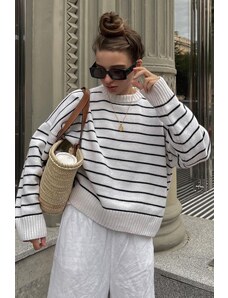 Madmext Bone Color Striped Women's Knitwear Sweater