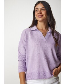 Happiness İstanbul Women's Lilac Polo Collar Basic Sweater