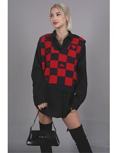 Madmext Women's Red V-Neck Checkered Pattern Regular Fit Sweater Women