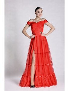 Marizu shop Marizu Fashion nádherné červené tylové šaty s rozparkem a spadlými rameny