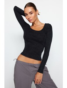 Trendyol Anthracite Wear/Faded Effect Ribbed Pool Collar Fitted Blouse in Cotton, Knitted