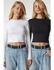 Happiness İstanbul Women's Black and White Basic 2 Pack Knitted Crop Blouse
