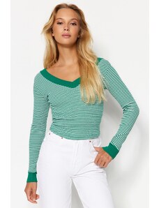 Trendyol Green Striped V-Neck Fitted/Situated Long Sleeve Ribbed Stretch Knitted Blouse