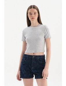 Dagi Gray Melange Short Sleeve Crop T-Shirt
