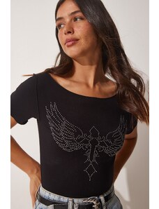 Happiness İstanbul Women's Black Wing Embroidered Viscose Knitted T-Shirts