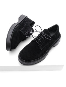 Marjin Women's Oxford Shoes with Lace-up Masculine Casual Shoes Tisat Black Suede.